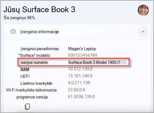 "Surface" įrenginio modelio pavadinimo radimas "Surface" programėlėje.