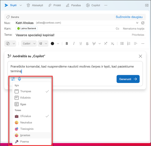 Ilgio ir tono parinktys, kurias galima pasirinkti kuriant el. laiškus programoje „Outlook“ naudojant „Copilot“.
