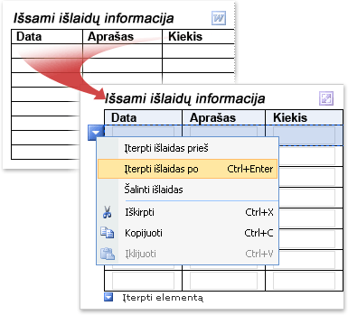 Word lentelė, konvertuota į InfoPath pasikartojančią lentelę