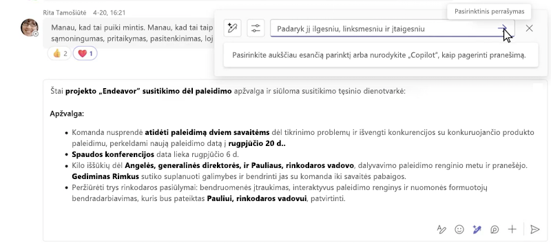 Pasirinktinai perrašykite pranešimą naudodami „Copilot“ „Microsoft Teams“ pokalbyje.