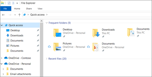 Failų naršyklė programoje Windows 10 su aplankais Darbalaukis, Dokumentai ir Paveikslėliai "OneDrive"