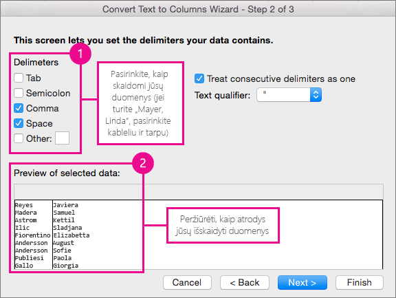 Step 2 in the wizard, Under Delimeters, pick how your data is split; Under Preview, you can see a preview of your data