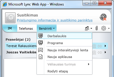 „Lync Web App„ bendrinimo meniu