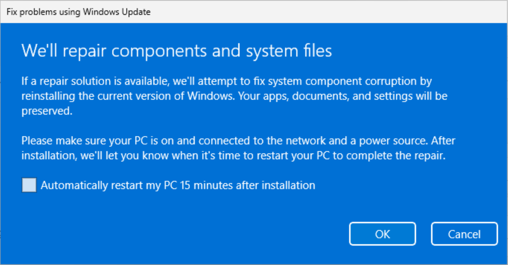 Problemų naudojant "Windows Update", paaiškinančių, kad komponentai ir sistemos failai bus pataisyti naudojant "Windows Update", ekrano nuotrauka.