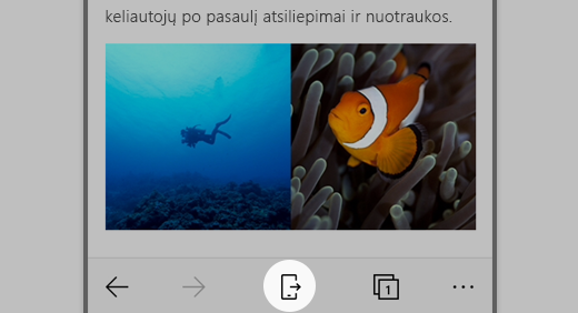 „Microsoft Edge“, skirtos „iOS“, ekrano kopija su paryškinta piktograma Tęsti kompiuteryje.