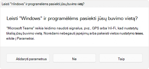 Raginimo, raginančio vartotoją leisti programėlei pasiekti vietą, ekrano nuotrauka.