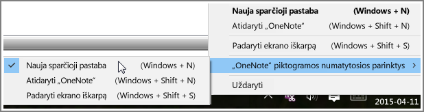 Sistemos dėklo su „OneNote“ parinktimis ekrano kopija.