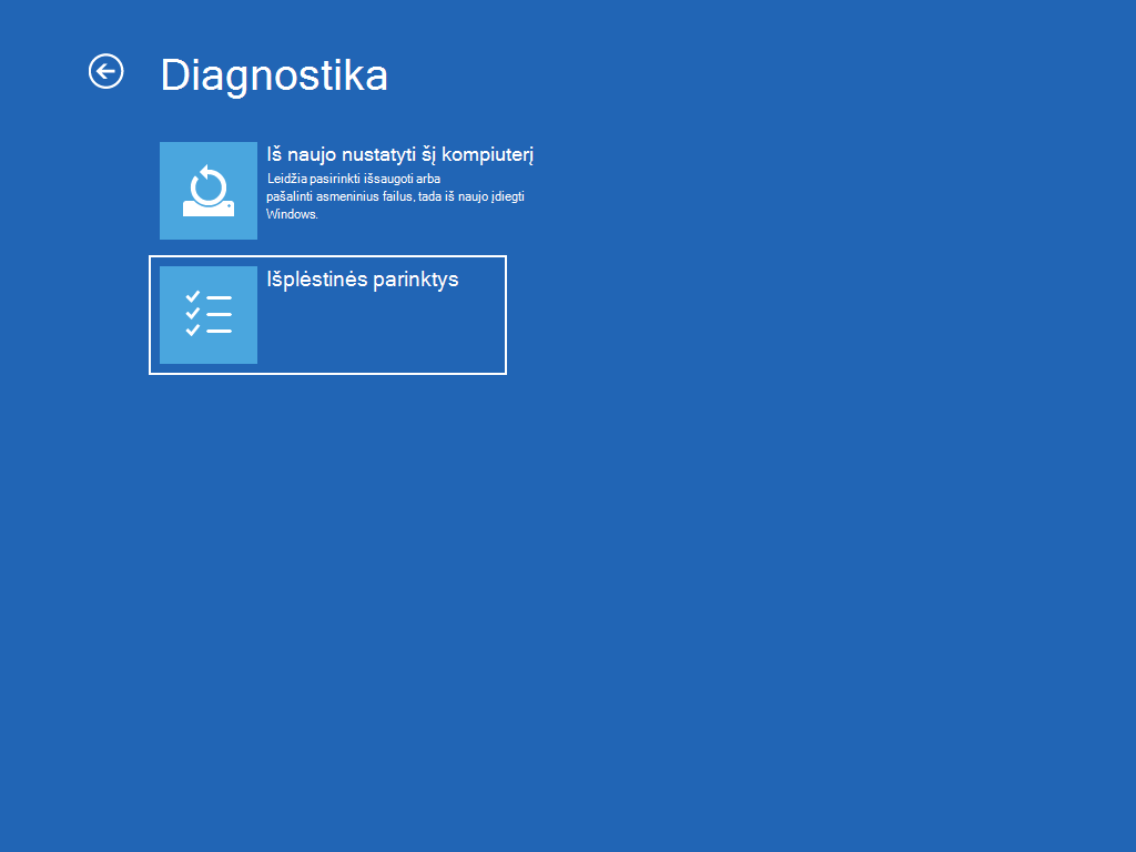 Rodomas ekranas "Trikčių diagnostika", kuriame pasirinkta "Išplėstinės parinktys".