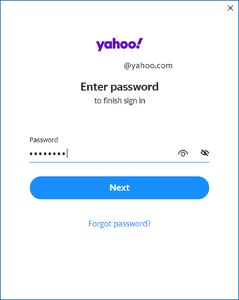 Antras "Yahoo Outlook" sąrankos ekranas – įveskite slaptažodį
