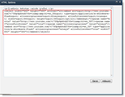Turinio rengyklės puslapio dalies HTML šaltinio rengyklė su vaizdo įrašo įdėjimo kodu