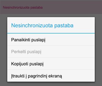 "OneNote", skirtos "Android", meniu Pastaba