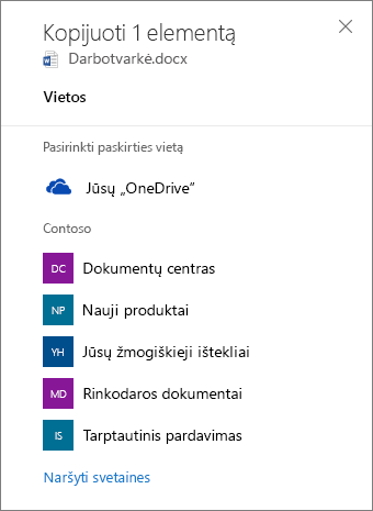 Paskirties vietos pasirinkimas kopijuojant failus iš ""OneDrive" verslui į SharePoint svetainę, ekrano nuotrauka.