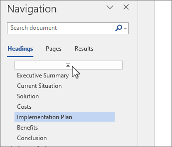 Word Navigation pane top of document selection