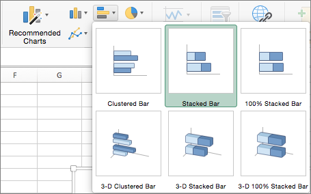 On the Insert tab, select Bar Chart, and then select Stacked Bar Chart