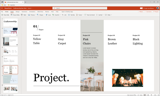 Vaizdo įrašo įterpimas iš trims "PowerPoint Web" ekrano kopijoms