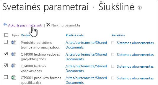 "SharePoint 2013" 2-o lygio šiukšlinė su paryškintu atkūrimo mygtuku