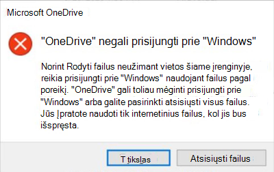 "OneDrive" problemų ekrano nuotrauka