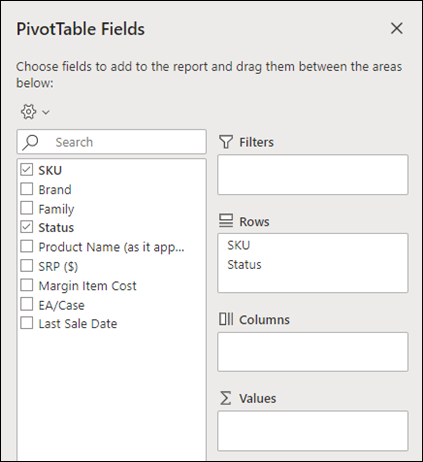 "PivotTable" laukai programoje internetinė "Excel"