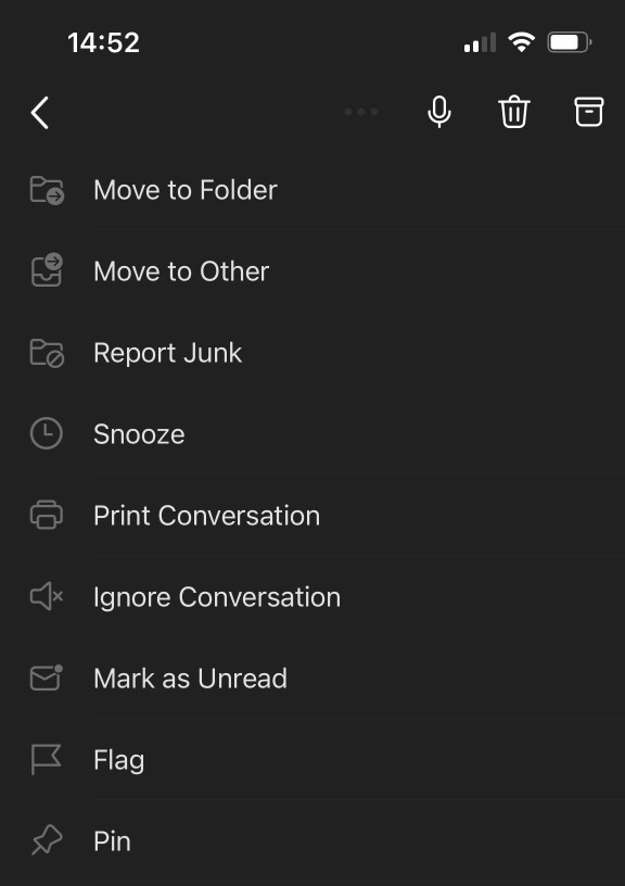 "Outlook Mobile" ekrano viršuje esantis daugtaškio meniu