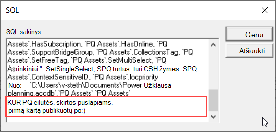 MS Query SQL rodinys, kuriame akcentuojama sąlyga WHERE