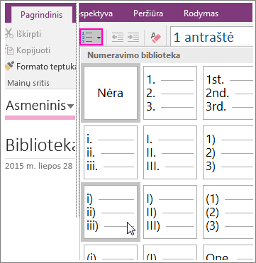 Ekrano kopija, kurioje rodoma, kaip į „OneNote 2016“ puslapį įtraukti numeravimą.