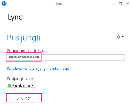 „Lync“ prisijungimo lango sekcija su pažymėtu prisijungimo informacijos naikinimu
