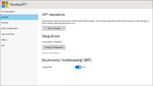 „Surface UEFI“ saugos ekrano nuotrauka.
