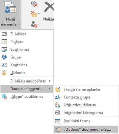 Naujo "Outlook" duomenų failo kūrimas