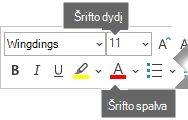 Slankioje formatavimo įrankių juostoje yra parinkčių Šrifto dydis ir Šrifto spalva.
