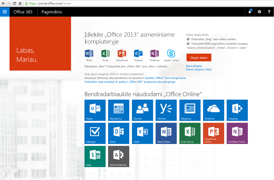 Ekrano nuotrauka, kaip įdiegti „Office 365“ kompiuteryje.