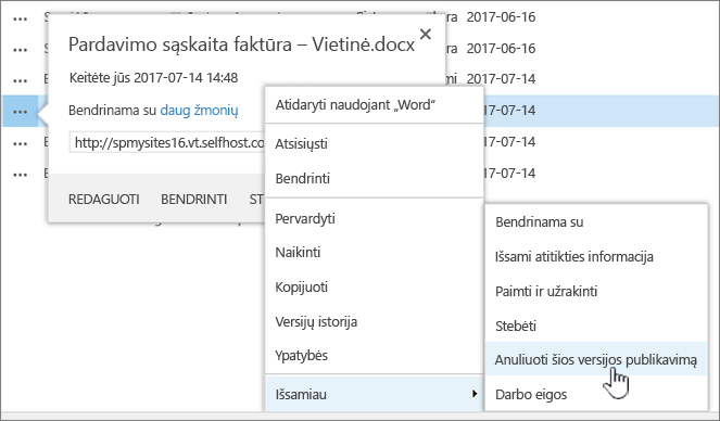 Spustelėkite Anuliuoti šios versijos publikavimą
