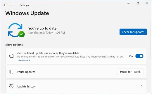 Rodomas "Windows Update" ekranas su jungikliu, leidžiantį pasirinkti, ar gauti naujausius naujinimus, kai tik jie bus pasiekiami.