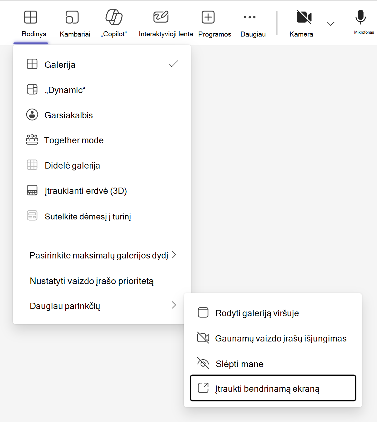 Rodinių jungiklis, kurį "Teams" susitikimo meniu juostoje žymi mygtukas "Rodinys", turi parinktį įtraukti bendrinamą rodymo režimą antriniame meniu "Daugiau parinkčių".