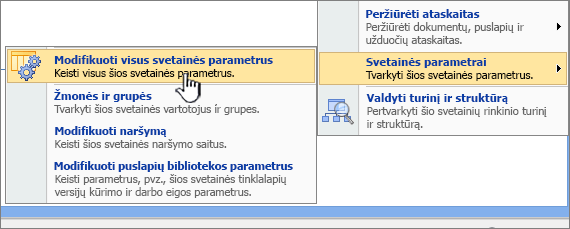 Parinktis modifikuoti visus svetainės parametrus dalyje Svetainės parametrai