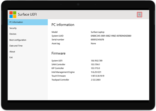 "Surface UEFI" įkrovos klaidos ekranas