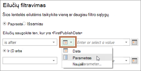 Entering a parameter in the Filter dialog box