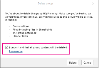 Delete group confirmation dialog with "I understand" box checked