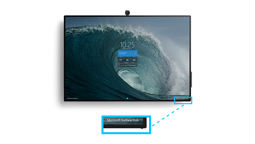 Rodomas "Surface Hub 2S" su paaiškinimu, kuriuo didinamas garsumo ir maitinimo mygtukas apatiniame dešiniajame "Surface Hub 2S" kampe.