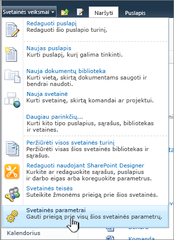 Svetainės parametrai meniu Svetainės veiksmai