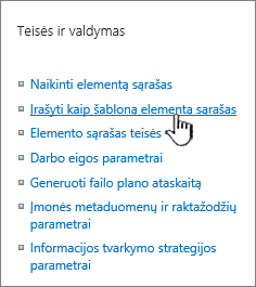 Meniu parametrai skyrius teisių tvarkymas