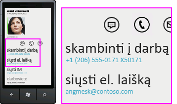 Ekrano nuotrauka, kurioje rodomas gaunamo skambučio telefono numeris ir atsiliepimo mygtukas programoje „Lync“ mobiliesiems klientams