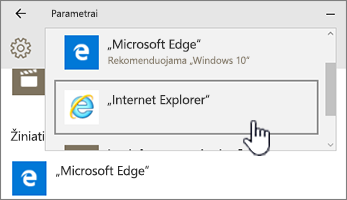Numatytųjų programų sąraše pasirinkta „Edge“ arba IE naršyklė