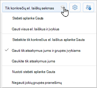 Išplečiamajame sąraše bus rodomos jūsų tolesnės parinktys: sekite aplanke Gauta, atlikite tik konkrečius el. laiškus aplanke Gauta arba sustabdykite sekimą aplanke Gauta.