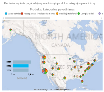JAV „Power View“ žemėlapis su skritulinėmis diagramomis
