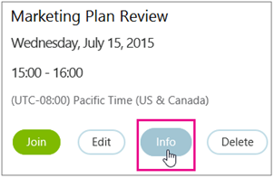 Meeting details with Info button highlighted