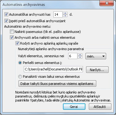 Dialogo langas Automatinio archyvavimo parametrai