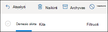 Ekrano nuotrauka, kurioje rodomi Outlook.com pašto dėžutės viršuje esantys skirtukai Reikšmingiausi ir Kiti.