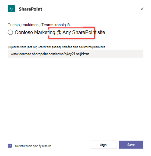 Pasirinkite Bet SharePoint svetainės išrinkimo mygtuką, kad įklijuotumėte saito formą kitoje svetainėje.