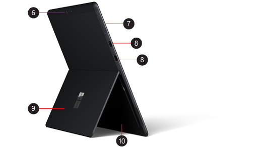 „Surface Pro X” galinės dalies paveikslėlis, nurodantis įvairių mygtukų vietą.
