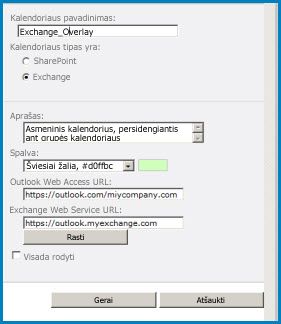"SharePoint" dialogo lango kalendoriaus perdangos ekrano nuotrauka. Dialogo lange rodomas kalendoriaus pavadinimas, Kalendoriaus tipas ("Exchange") ir pateikiamas "Outlook Web Access" ir "Exchange Web Access" URL.
